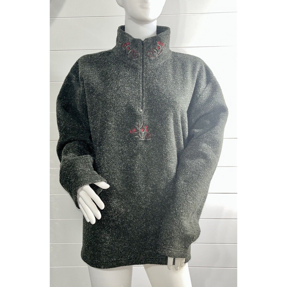 VTG Victoria's Secret Country Floral 1/4 Zip Fleece Pullover Gray Red Womens L